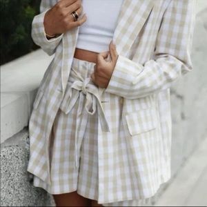 Zara tan white gingham pleated linen cotton high waist shorts